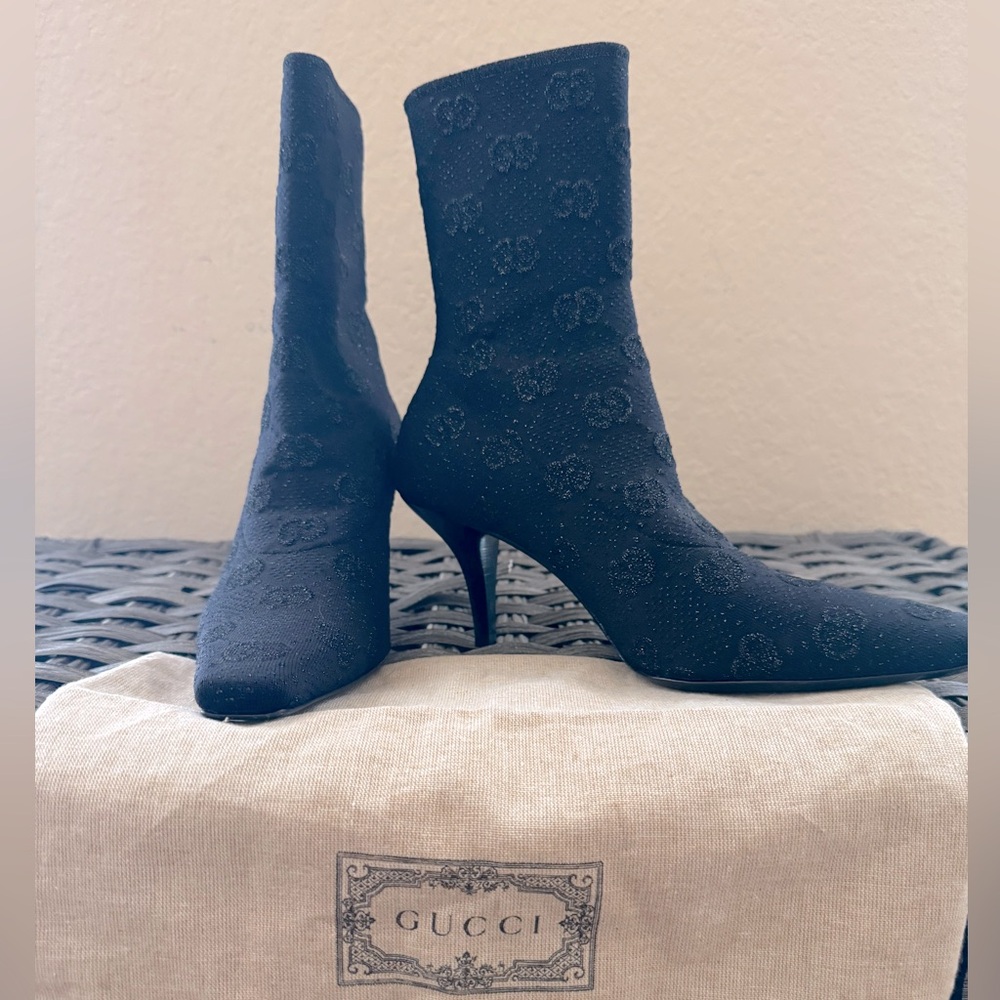 Authentic GUCCI GG Monogram Ankle Boots Mid Heel